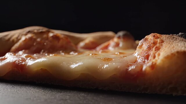 Melted cheese pizza slice, gooey mozzarella cheese stretching, on dark background, cinematic lighting, symbolizing deliciousness and temptation.