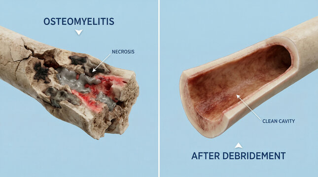 Osteomyelitis Infection and Surgical Debridement Bone Cavity 3D Illustration