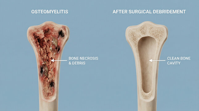 Osteomyelitis Necrosis and After Debridement Clean Cavity Diagram