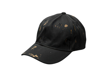 Fototapeta premium Black baseball cap showing gold paint splatters, illustrating artistic expression, street fashion, and unique urban style