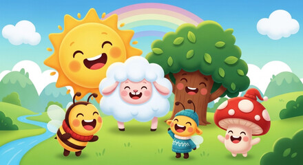 Obraz premium Cartoon animals and smiling sun in a lush green landscape with rainbow