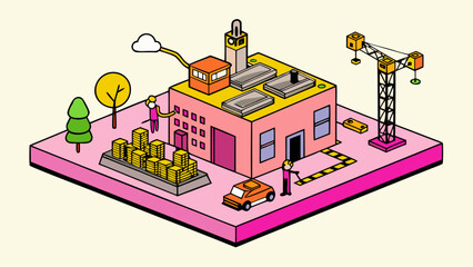 Naklejka premium Cartoon factory workers busy constructing and managing a profitable industrial facility with gold bars