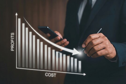 Businessman points with a stylus at a digital graph showing decreasing profits and increasing costs, while holding a smartphone, illustrating financial challenges.