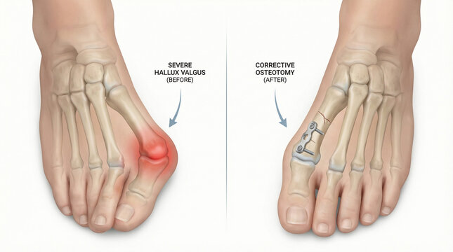 Severe Hallux Valgus and Corrective Osteotomy Surgery 3D Medical Illustration