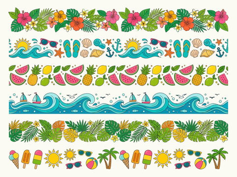 A collection of six vibrant hand-drawn summer-themed horizontal border designs featuring tropical elements, beach scenes, fruits, and ocean waves.