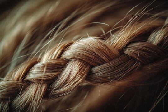 Intricate fishtail braid with soft golden highlights, showing detailed texture and natural shine of hair strands in close up view, evoking sense of delicate beauty and craftsmanship