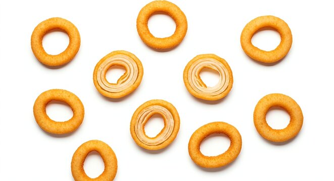 A collection of golden-brown, ring-shaped snacks, similar to traditional Russian sushki or small bagels, scattered across a clean white surface.