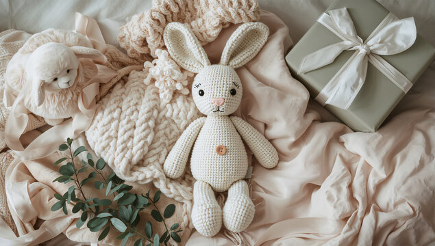出産祝いをイメージした手編みのうさぎ人形と寝具のギフト風演出