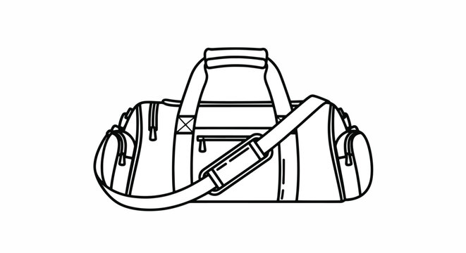 Black and white line drawing of a gym bag with shoulder strap and handle