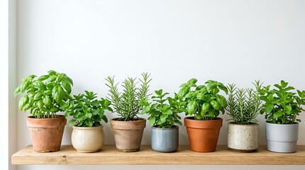 Obraz premium Potted basil and rosemary plants arranged on wooden shelf indoors 