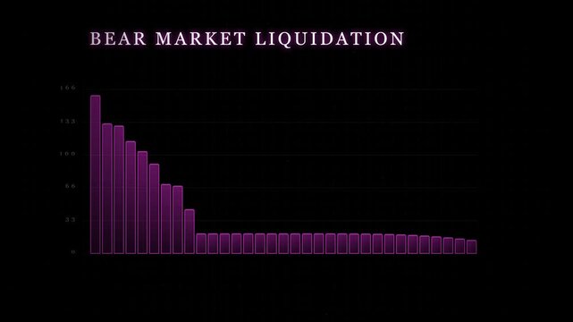 Bear market liquidation chart showing a sharp decline in stock prices on a black background with purple bars, indicating a significant financial downturn and economic crisis.