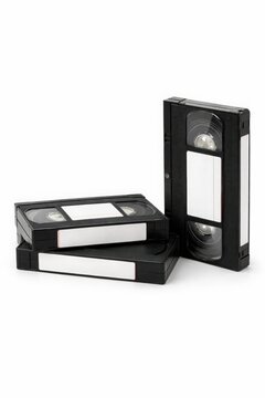 Stack three blank black VHS cassette tapes retro video home recording nostalgia media storage 90s technology product flatlay white background