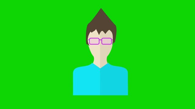 Animated flat male character avatar with glasses and brown hair on green screen