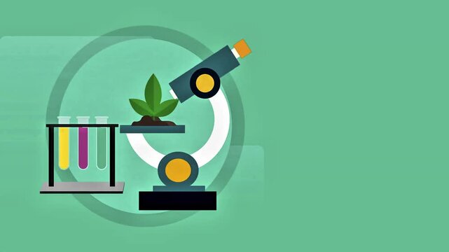 Motion graphics of a laboratory microscope examining a small sprout plant alongside test tubes for botanical science and environmental research.