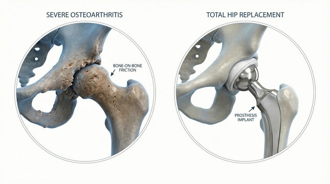 Severe Osteoarthritis and Total Hip Replacement Surgery Implant 3D Medical Illustration
