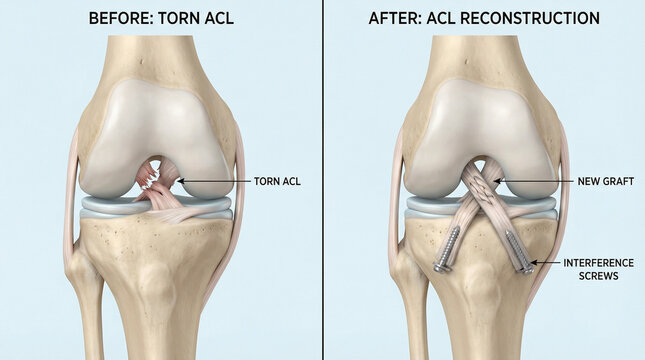 Torn ACL Rupture and Knee Reconstruction Surgery Comparison 3D Medical Illustration