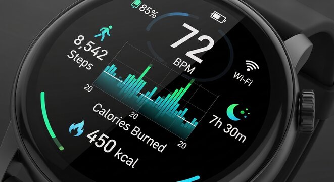 Smartwatch display showing detailed health and fitness data daily steps, heart rate, calories burned, and sleep insights, for personal activity and wellness tracking