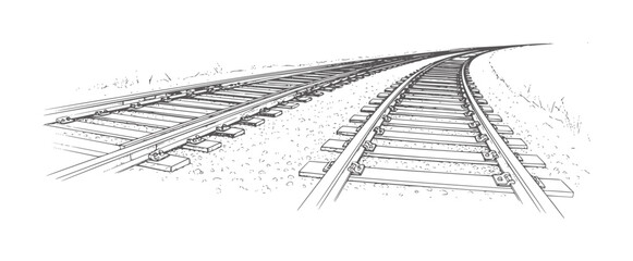 Obraz premium Black and white of diverging railway tracks curving into the distance train transportation