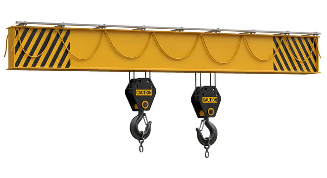 Industrial overhead crane hook block assembly isolated on transparent background