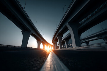 Fototapeta premium Old infrastructure stands across from a modern highway under the setting sun in a dynamic urban landscape showcasing contrasting designs and structures Generative AI