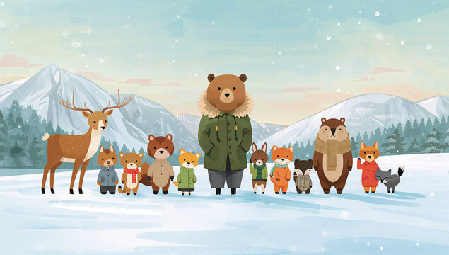 朝の光が差す雪原で冬服の動物たちが並ぶやさしいイラスト