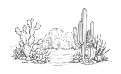 Desert landscape with saguaro and prickly pear cacti and agave plants cactus © Mahin