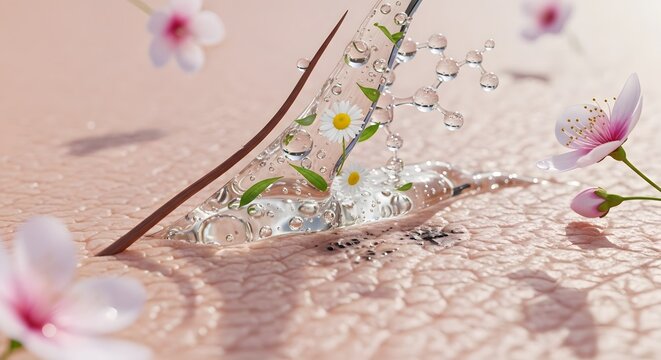 A clear serum drop sits on human skin surface containing tiny flowers and a molecular structure with a single strand of dark hair