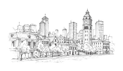 Obraz premium Hand drawn of a city skyline with a clock tower and diverse buildings