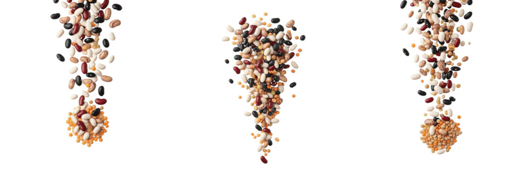 Set of falling mixed legumes and variety of dry beans isolated on transparent background png