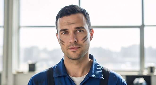 Portrait of a determined male worker with smudges of dirt on his face, wearing blue overalls