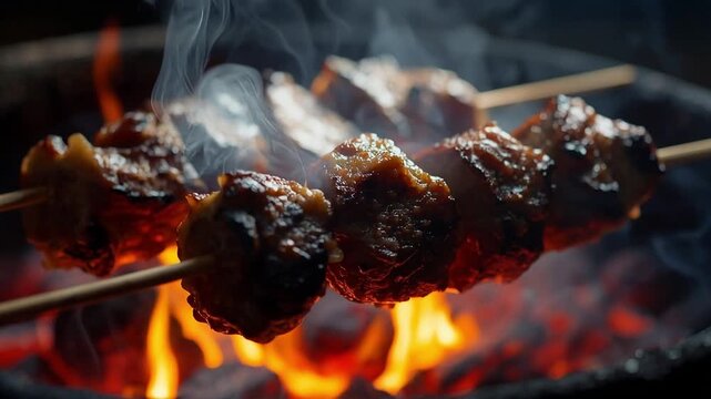 slow motion close-up footage of satay skewers being turned on a charcoal grill