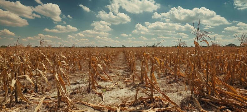 Dried corn plants fill the field, their stalks withered and brown under the bright blue sky. Soft clouds drift above, casting shadows on the empty ground. The field shows signs of the mid-autumn
