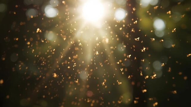 cinematic macro footage of small insects flying in the air illuminated by sunlight rays passing through trees