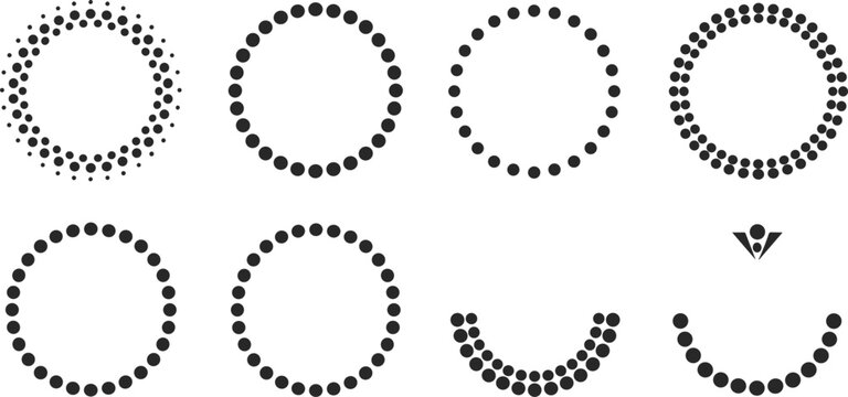 Dotted circle frame vector set, round halftone border silhouette collection, circular point pattern illustration for logo, emblem and badge design.