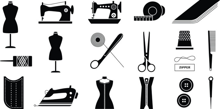Sewing tailoring icon set silhouette, mannequin sewing machine scissors and needle vector illustration, fashion design equipment tools for logo design.