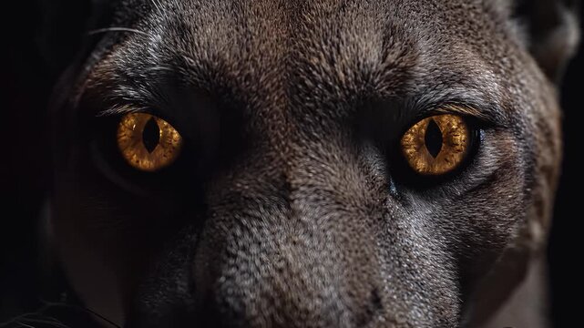 Panther face, detailed yellow eyes stare directly at camera with intense gaze, dark background, cinematic lighting, static shot, symbolizing power and mystery.