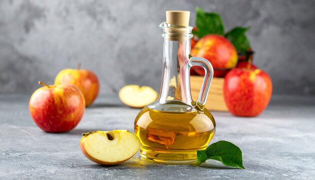 A glass bottle of apple cider vinegar with fresh apples and leaves.