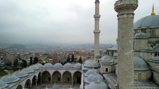 Fatih Mosque in Istanbul Turkey flyby near
