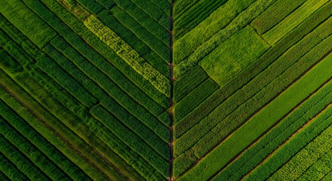 Geometric patterns of intercropping rows from an aerial perspective regenerative farming vibrant colors