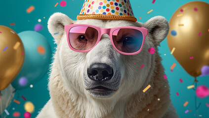 Fototapeta premium 顔に寄ってサングラス姿の白くまを写したユニークなパーティー写真