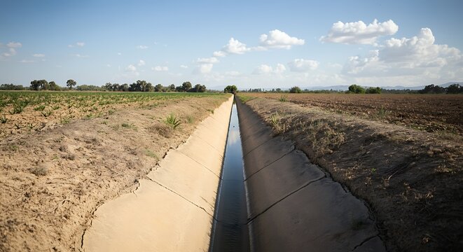 Minimalist view of an empty irrigation channel in a dry field water scarcity concept