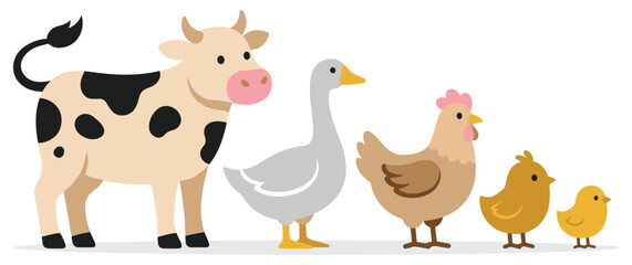Naklejka premium Farm animals vector set, cute cow, goose, chicken and chicks on white.
