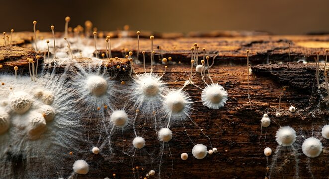 Close-up of mycelium network texture on wood natures connectivity concept
