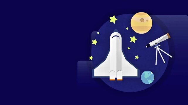 Space shuttle animation orbiting the earth with a telescope and Saturn planet icons against a dark blue starry night background.