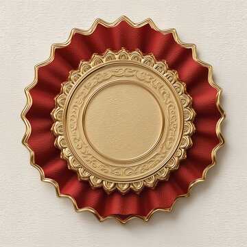 ornate red and gold rosette seal badge on textured beige background