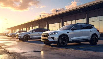 Obraz premium Modern White Suvs Parked in Row at Outdoor Car Showroom at Sunset