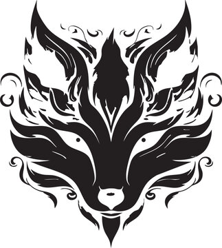 Mystical kitsune fox mask silhouette with tribal flame patterns and elegant swirl details for creative designs.