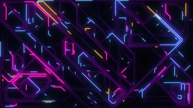 Digital Data moving on Circuit Board and CPU loop backgrounds. Computer Processing and organizing data. Abstract high tech Artificial intelligence (AI), data mining, neon glow pcb place for text 
