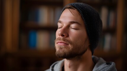 Obraz premium A man wearing a beanie with his eyes closed appears tranquil and focused in a softly lit indoor setting with a blurred background