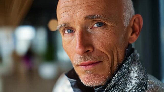 A Close-Up Portrait of a Confident Man with Silver Hair and a Stylish Jacket Showcasing His Intense Gaze and Unique Style in a Modern Setting